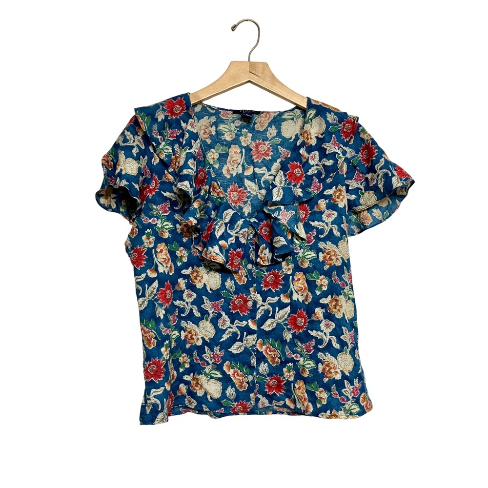 Chaps Linen Blend Floral Blouse with Ruffle Collar